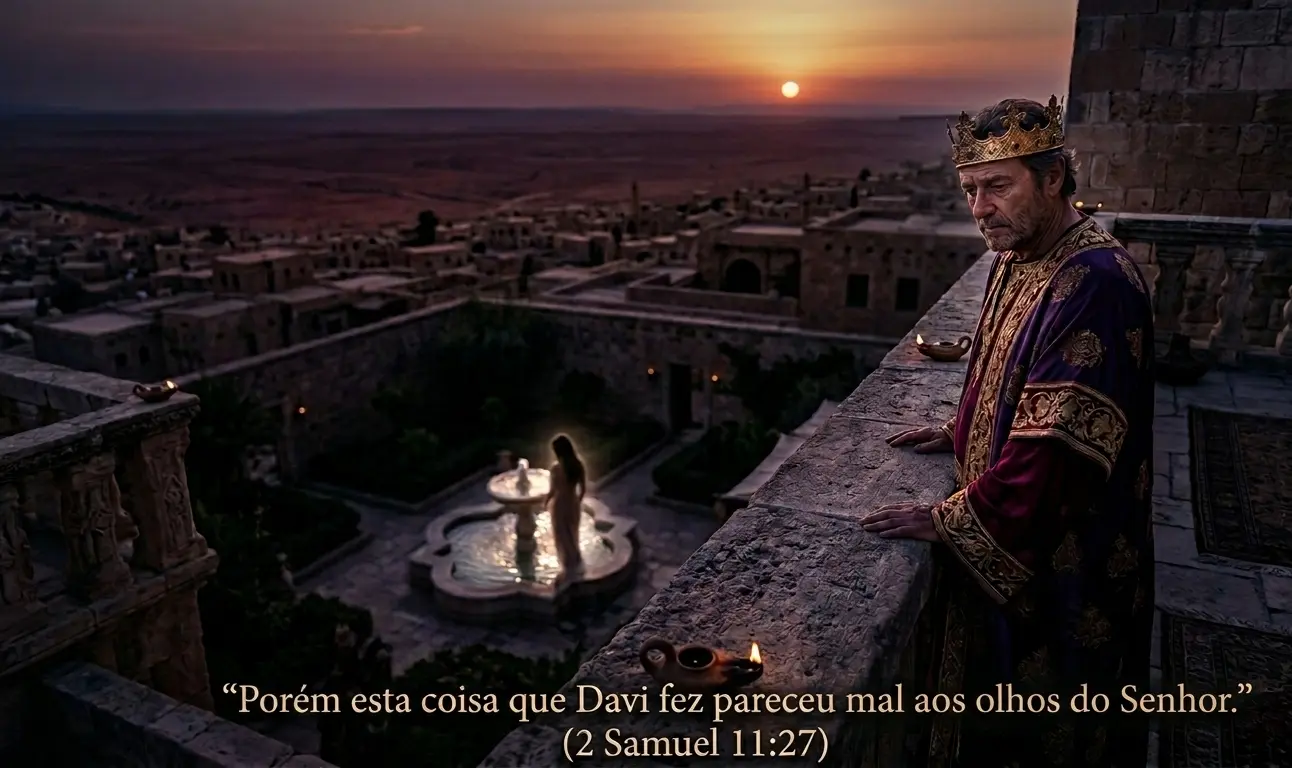 Rei Davi no terraço observando Jerusalém ao entardecer