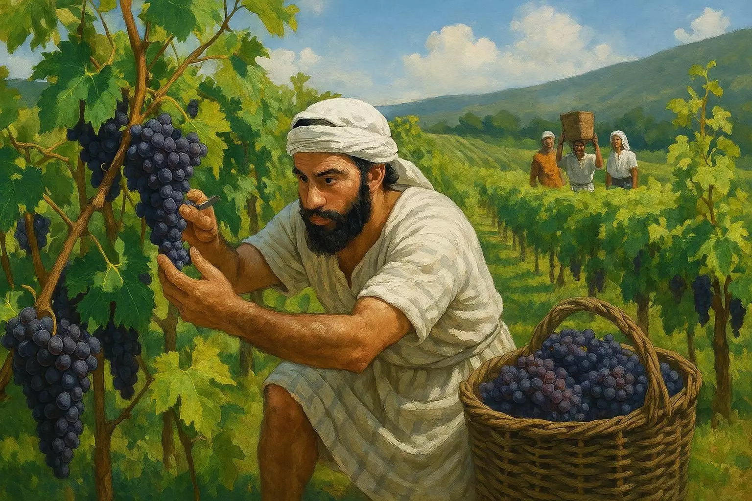 A Parábola dos Trabalhadores da Vinha - Ilustração representando trabalhadores recebendo pagamento igual