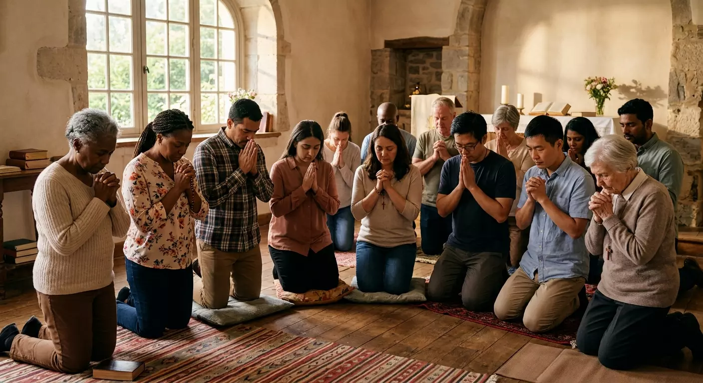 Congregação unida em oração, simbolizando a proteção espiritual da igreja