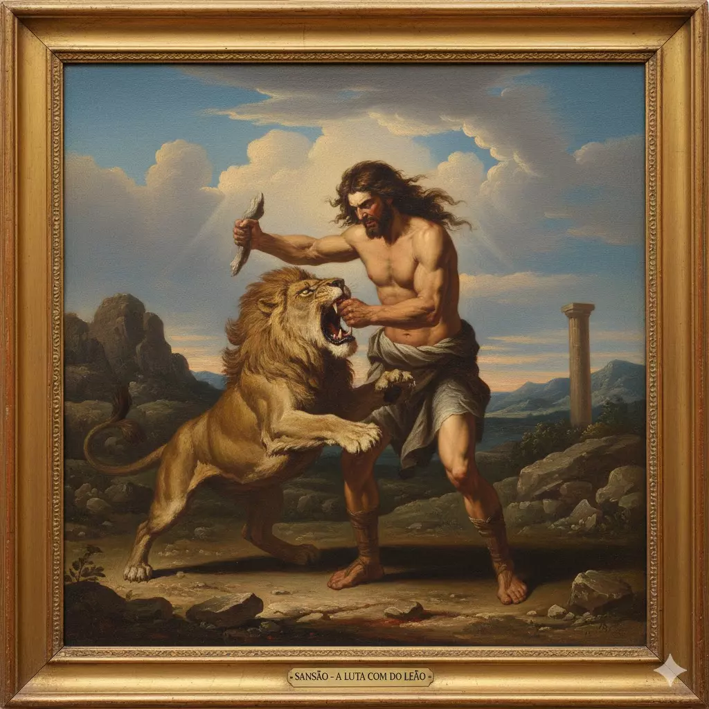 Sansão lutando com o leão - Ilustração bíblica