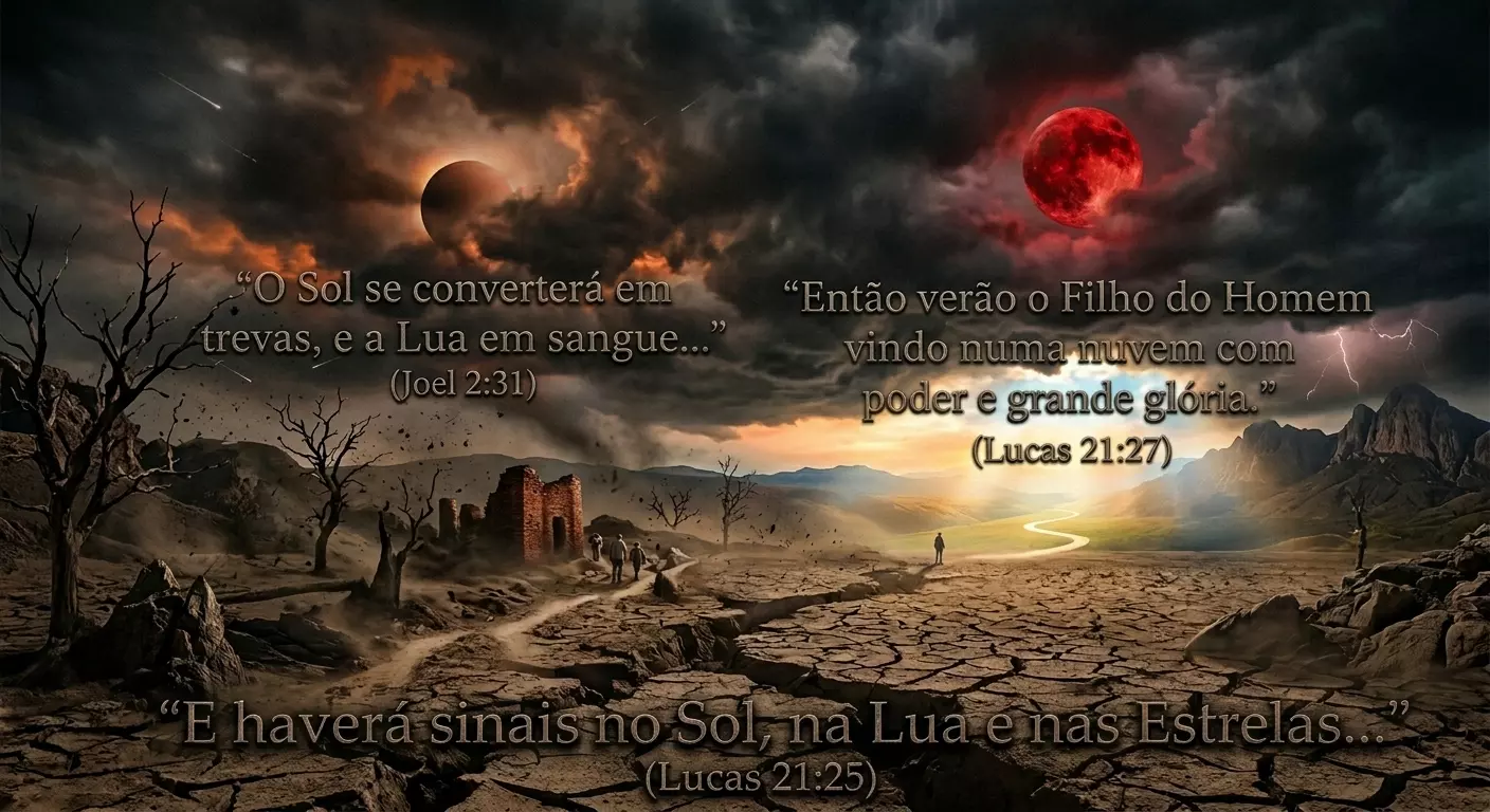 Ilustração representando os sinais dos últimos tempos segundo a Bíblia: apostasia, vigilância espiritual e a esperança na volta de Cristo