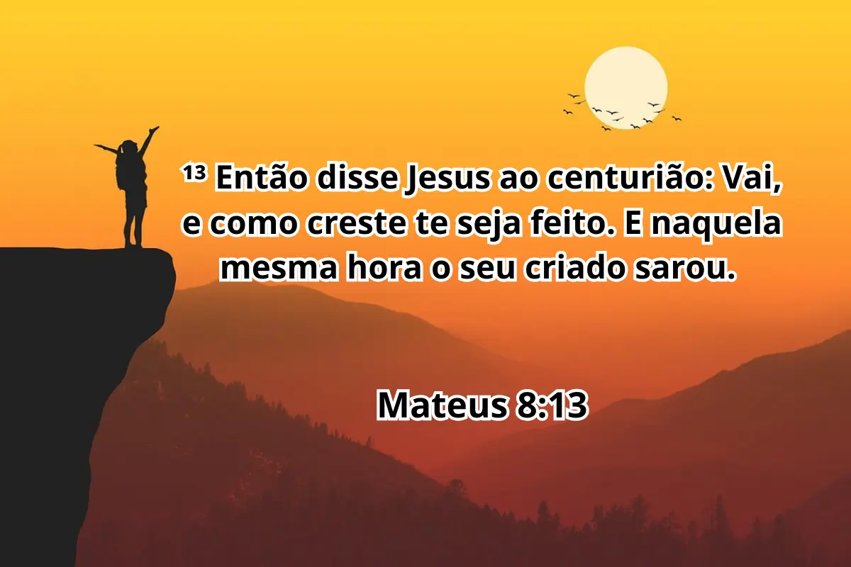 Illustração de Mateus 8:13, retratando o encontro entre Jesus e o centurião em Cafarnaum. O centurião, um oficial romano, pede humildemente a Jesus pela cura de seu servo paralítico, demonstrando fé. A cena simboliza humildade, fé e o poder da palavra de Jesus.

