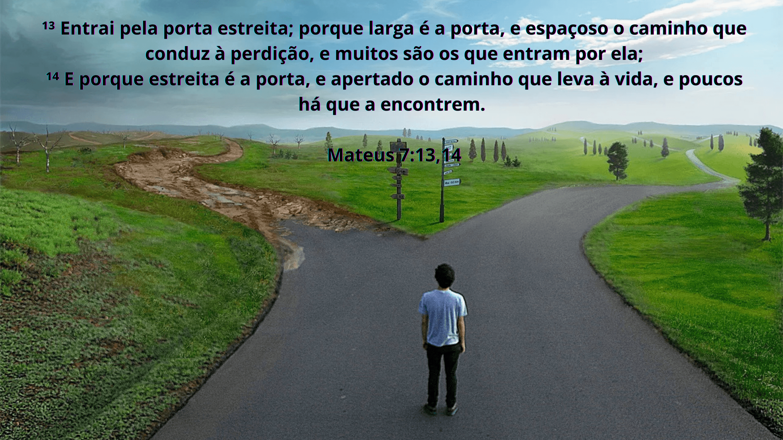 Ilustração dos dois caminhos: o caminho estreito que leva à vida e o caminho largo que leva à perdição, inspirado em Mateus 7:13-14.
